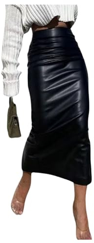 GORGLITTER Women's PU Leather High Waisted Pencil Skirts Ruched Bodycon Midi Rave Club Skirt Black Small