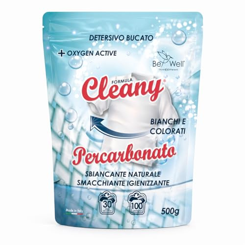 CLEANY Percarbonato di Sodio Puro per Bucato, Ossigeno Attivo, Smacchiatore ad Azione Sbiancante Igienizzante Naturale, Antimuffa, Bag Richiudibile 500g
