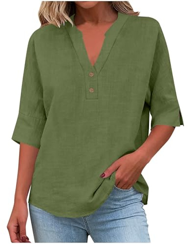 Chemisier Femme Chic et Elégant Manche 3/4 Coton et Lin Tunique Femme Grande Taille Col V Boutonné Blouse Haut Ete Casual Ample Tee Shirt Longue Vetement Chemise