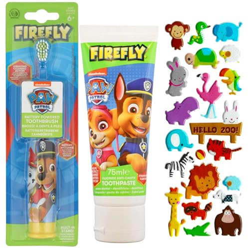 Firefly Paw Patrol - Juego de cepillo de dientes eléctrico a pilas con pasta de dientes con sabor a fresa de Paw Patrol más una hoja de calcomanías hinchadas 3D Hadco (diseño aleatorio) - Mango azul y