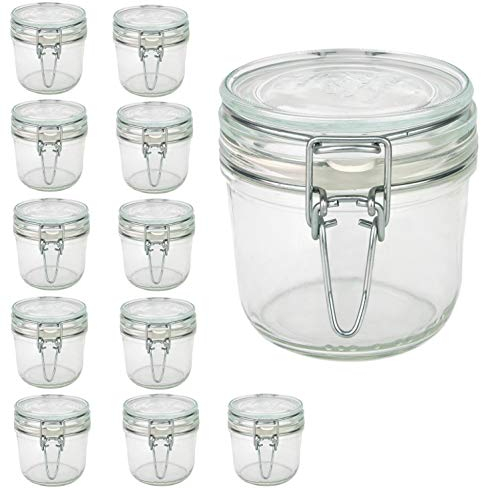 Bormioli Lot de 12 bocaux Fido avec bouchon mécanique - Capacité : 350 ml - Conservation hermétique grâce à l'anneau en caoutchouc et au bouchon à étrier
