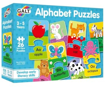 Galt Alphabet Puzzles - Fun and Colourful Early Learning 2 Pc Jigsaw Puzzles - Set of 26 Two Piece Puzzles for Kids - Develop Letter Recognition and Matching Skills - Children Ages 3 to 5 Years Old