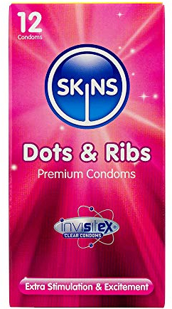 Skins Dots and Ribs Textured Premium Condoms Multipack, No Latex Smell and Extra Lubrication, Pack of 12