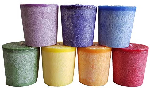 TRIMONTIUM Chakra-Votivkerzenset mit Duft in recycelbarer Papierbox, Mehrfarbig, Packungsmaße: 15 x 14 x 7 cm, 7