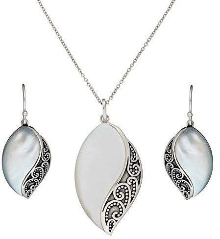 Silverly Conjunto de Joyas de Filigrana de Plata 925 con Marquesa y Nácar para Mujer | Pendientes y Collar de Hojas Curvas de Plata de Ley de Estilo Vintage | Joyería Gótica, Etérea y Art Nouveau.