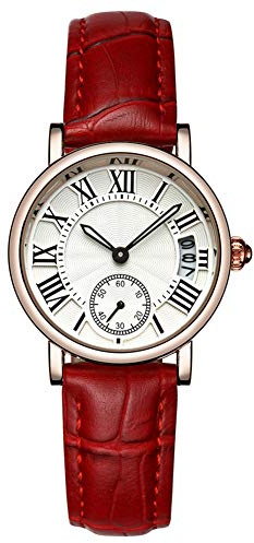FILFEEL Uhren für Frauen, Dame Analog Round Quartz Lederband Date Watch Klassische Armbanduhr(Rot)