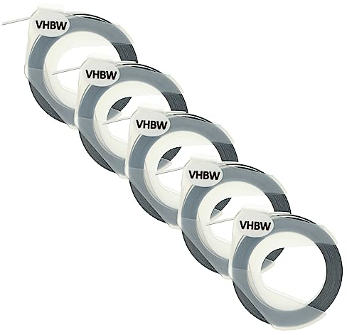 vhbw 5x 3D Prägeband-Schriftband-Kassette kompatibel mit Dymo 1610, 1595GY, 1745, 1755, 1765, 1805 Etiketten-Drucker 3m x 9mm Weiß auf Schwarz