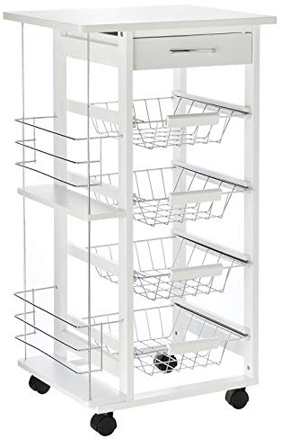 HOMCOM Rolling Kitchen Cart, Utility Storage Cart with 4 Basket Drawers & Side Racks, Wheels for Dining Room, White
