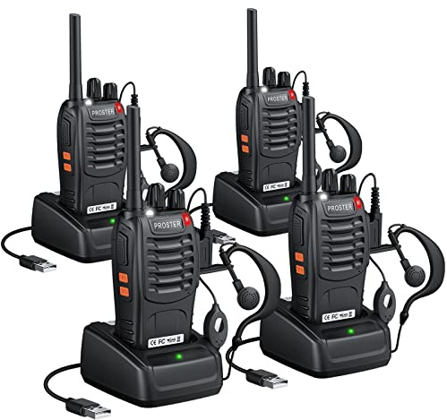 Proster Walkie Talkies 16 kanaler med uppladdningsbar röstmeddelande Walky Talky med USB-laddare hörlurar 2 par