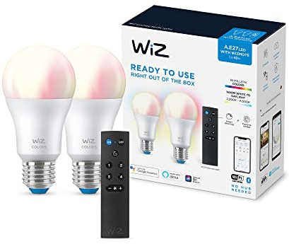 WiZ Tunable White & Color LED Lampe, E27, dimmbar, 60W, warm - bis kaltweiß, 16 Mio. Farben, smarte Steuerung per App/Stimme, 2er-Pack inkl. WiZmote Fernbedienung