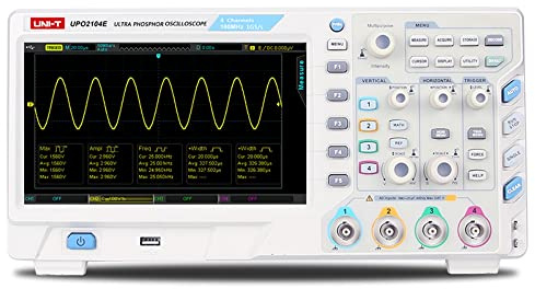 UNI-T UPO2104E - Osciloscopio digital de 4 canales, 100 MHz, 1 GSa/s, profundidad de memoria de 56 Mpts, 80000 Wfms/s, 8 pulgadas TFT LCD WVGA (800 x 480)