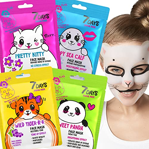 7Days Gesichtsmasken, Hautpflege, Blattmasken-Set, feuchtigkeitsspendend, Anti-Aging, feuchtigkeitsspendend, beruhigend, erfrischend, niedliche Gesichtsmaske, Schönheit, 4 Stück Korean Skincare