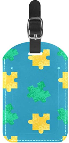 Green Yellow Jigsaw Pattern PU Leather Travel Bag Labels Suitcase Tags Personalized Design