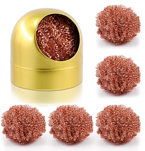 Swpeet 6Pcs Gold Soldering Tip Cleaner Set, alambre de limpieza de punta de hierro de soldadura y soporte esponja de latón enrollada, soporte de concha de bola de 1 pieza con limpiador de alambre