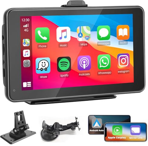 Portable Car Stereo, Wireless Apple CarPlay Android Auto Screen for Car, 7 inch HD Touchscreen Radio Portable Car Player with Bluetooth Live Navagation AUX FM Voice Control Airplay