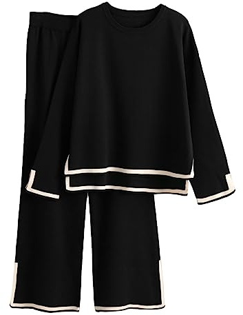 Tanming Women's 2 Piece Outfits Long Sleeve Knit Sweater Top Wide Leg Pants Lounge Sets Tracksuits (Black-L)