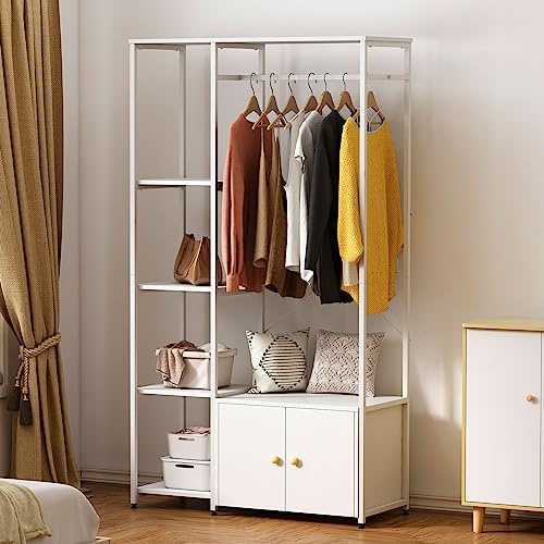 soges Percheros Burro Blanco Perchero de Metal con Armario, Estantes de Almacenamiento y Barra para Colgar 100 x 40 x 180 cm