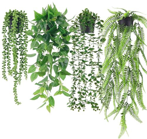 Der Rose 4 Stück Künstliche Pflanzen Hängepflanze Künstlich Kunstpflanze Hängend Fake Eukalyptus Plant, Boston-Farnen, Perlenkette für Wohnzimmer, Zimmer, Wand Deko Aesthetic Room Decor (Schwarze)