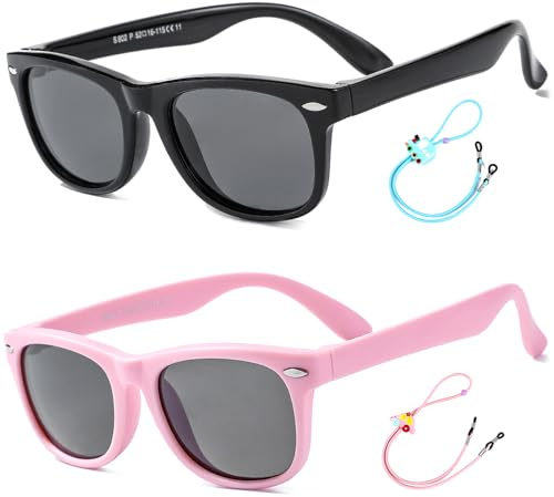 Rocf Rossini Lentes de Sol Flexibles para Niños y Niñas Polarizados Irrompibles Protección UV400 Certificado Bebés Gafas con Funda, 2-8 Años (Negro+Rosa)