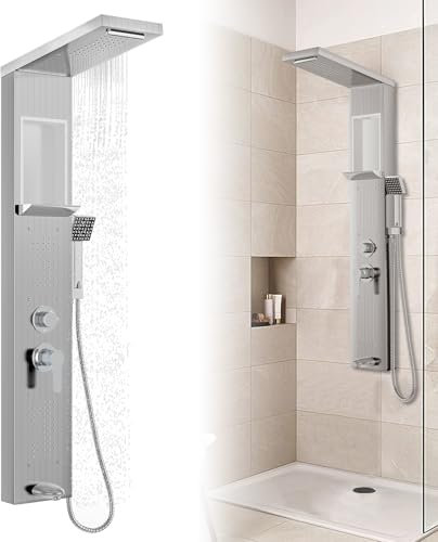 Froadp Duschpaneel Regendusche Edelstahl Duschsystem 5-Funktion Wandmontage Duschset mit Handbrause, Regendusche, Massagedusche, Wasserfalldusche, Duschsäule Duscharmatur Komplettset (Silber)