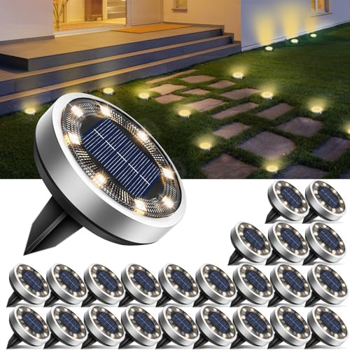 btfarm Lot de 24 Lampe Solaire Au Sol, 8 LED Jardin Exterieur Solaire Etanche IP65 Lumiere Solaire, Spot Solaire Extérieur pour Chemins Pelouse Terrasse Allée Cour Piscine, Blanc Chaud