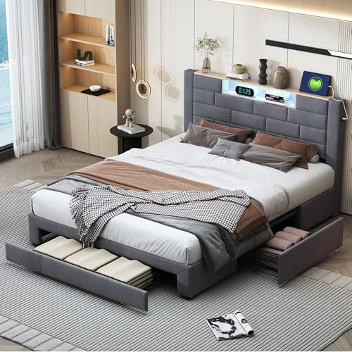 WOBOPCG Cama de Matrimonio 160x200 con 4 cajones, Cama de Matrimonio tapizada Cama tapizada 160x200 Cama de Adulto tapizada con cabecero y Toma USB Estructura de Cama tapizada con somier de láminas