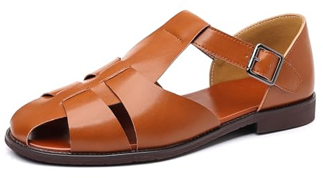 EGGDK Men's Closed-Toe Flat Fisherman Sandals Lightweight Non-Slip Adjustable Hook & Loop Leather Wading Sandals for Summer Beach Casual Daily Wear (Brown,10)