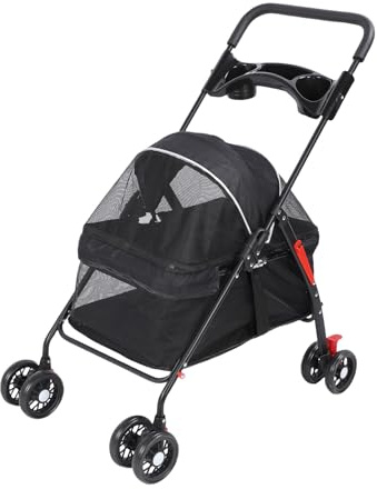 Carrito para Perros de 4 Ruedas, Cochecito Plegable con Malla Transpirable, Portavasos y Bolsillo Almacenamiento (Carro Perro Pequeño Mediano)