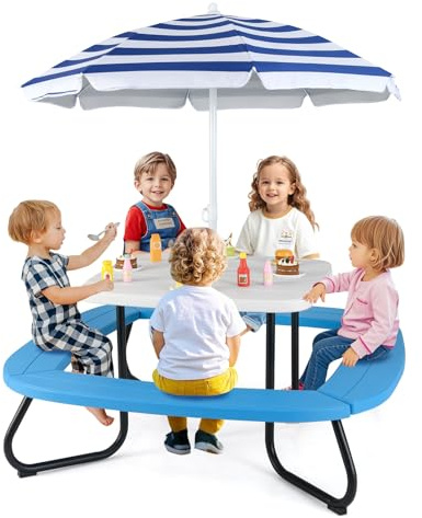 COSTWAY Barnstolsgrupp utomhus, barnstolsuppsättning för upp till 8 barn, picknickbord med parasoll och 4 sittbänkar, trädgårdsmöbler, sittgrupp barn för trädgård, bakgård (blå)
