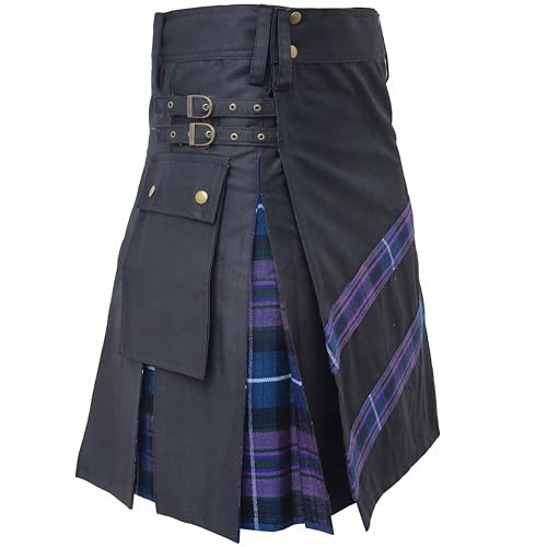 Utility Kilts for Men - Traditional Scottish Modern Hybrid Utility Kilt Tartan - Black Cotton Kilt Adjustable Strap, Kilts for Men