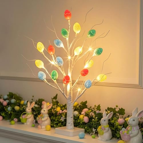 DELICHTER Decorazione pasquale illuminata per interni con 24 LED bianco caldo, albero luminoso con 18 uova di Pasqua, decorazione per soggiorno, regali con funzione timer, 55 cm