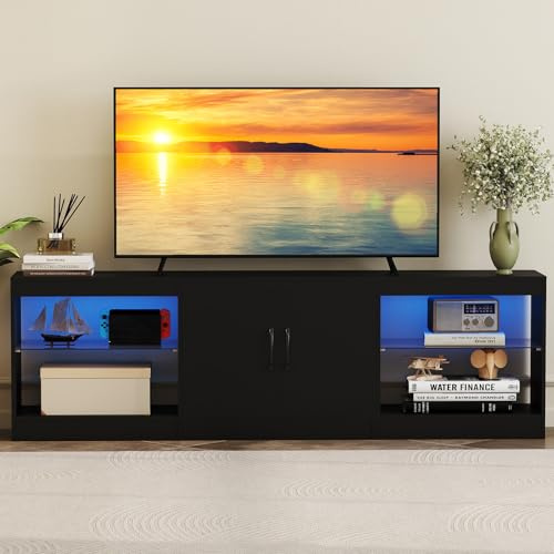 COSTWAY Meuble TV LED pour Télé 85, Meuble Télé Modulaire en 3 Pièces, Étagères en Verre Réglables, 16 Couleurs, Lminosité Télécommandée, Table TV pour Chambre, Salon, Gaming (Noir)