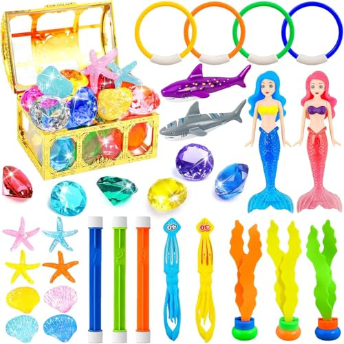 GW Box 36Pcs Diving Pool Set Summer Swim Water Sinking Kit with Storage Bag | Sinkers for Swimming Including Diving Rings & Sticks, Diving Seaweed, Torpedo, Pirate Treasure Chest, Gems, Mermaid