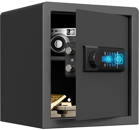 RPNB Caja fuerte biométrica retroiluminada Touchpad pequeña caja fuerte para el hogar con puerto USB C de emergencia, luz indicadora, caja fuerte de acero de aleación para dinero y joyas, 34L