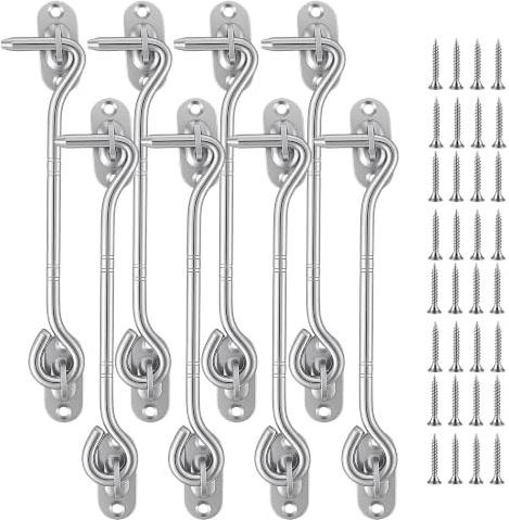 SYUTBOU 8 ganchos para tormentas con ojal, 15 cm, acero inoxidable, juego de 32 tornillos, ganchos para ventana, gancho para puerta, gancho para puerta, para jardín, valla, garaje, ventana, cobertizo