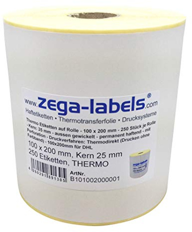 Thermo Etiketten auf Rolle - 100 x 200 mm - 250 Stück je Rolle - Kern: 25 mm - für Versandetiketten DHL - permanent haftend - mit Perforation - Druckverfahren: Thermodirekt (Drucken ohne Farbband)