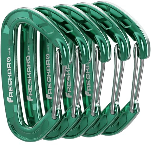 FresKaro 5pack Carabiner Keychain Clip Heavy Duty, Small Sturdy Key Accessory, 8kN Wiregate Carabiners, 7075 Aluminum Ultra-Light, for Hiking, Camping, Travelling, Backpack, Green