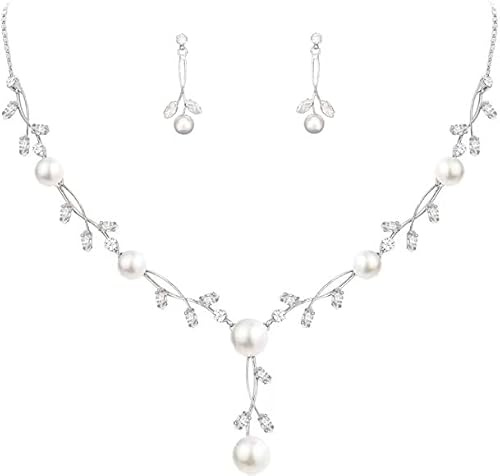 Enrwin Luxury Cubic Zirconia Aurtrian Crystal Pearl Floral Necklace Dangle Earrings Wedding Bridal Jewelry Set Birthday Gifts for Her (Clear-Silver Plated)