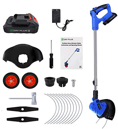 Cortabordes Electrico con Cuchilla de 2 Hojas & 10 Hilos de Corte(28cm), Recortabordes Bateria-Mango Telescópico, Cabezal de Corte Ajustable a 60°, 17000rpm, Cortacésped Inalámbrico con 1,5Ah Batería