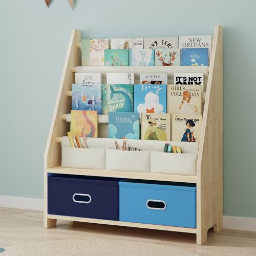 EXPERLAM 4 Tier Kids Book Shelf, Wooden Kids Book Rack Storage Bookshelf with Toy Storage Organizer, Toddler Sling Bookshelf for Boys, Girls, Kids Room, Blue