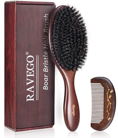 RAVEGO Hair Brush, Boar Bristle Hair Brush for Women Men Kids, Nature Bristles Hairbrush for Thin Fine All Hair Type, Restore Shine And Texture, Set Includes Cleaning Tool