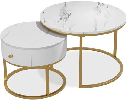 Vicco Couchtisch-Set Madrid, Marmor Weiß, 70 x 70 cm, Kleiner Tisch mit Schublade, zusätzlicher Ablagefläche als Beistelltisch verwendbar