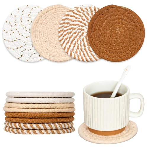 YHTCC 8 Pcs Coasters，4 Colors Absorbent Coasters, Personalised Coaster Set | 4.3In Personalised Coaster Set, Boho Decor Thick Cotton Cord Heat Insulation and Tabletop Protection Weaving Drink Coasters