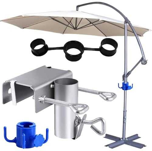 Xiujuers Sonnenschirmhalter Balkongeländer mit Haken, Sonnenschirm Halterung Einstellbar, Tischklammer für Gartenschirme mit Haken, Schirmständer für Tisch, Garten, Terrasse, Balkon, Geländer