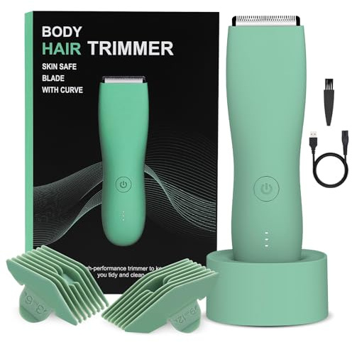 Recortadora eléctrica de vello corporal para hombres y mujeres, afeitadora eléctrica para vello púbico, pecho, piernas y bikini, impermeable, húmedo/seco, con base de carga (verde)