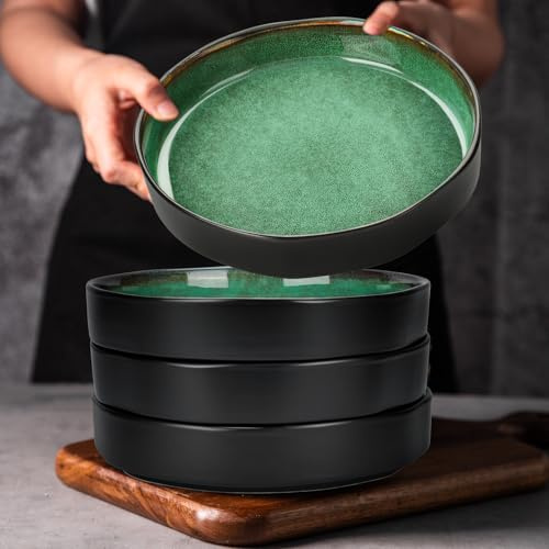 CSYY 4 Pcs Large Pasta Bowls, 1000ml 22cm Deep Porcelain Plates Set, Green Round Premium Plates Set for Pasta, Salad, Soup, Fruit