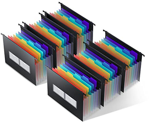 ThinkTex Plastic Expanding Suspension File Folders, 7 Innovative 3cm Concertina Pockets, Multi-Color Tabs, Foolscap Hanging Files, A4 Size for Filing Cabinet - 6 Pack