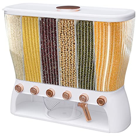 Dry Food Dispenser, 6 Grid Dry Food Dispenser Storage Containers Wall mounted Storage Bucket with Measuring Cup for Store Flour Sugar Rice Cereals Nuts Beans & Coffee