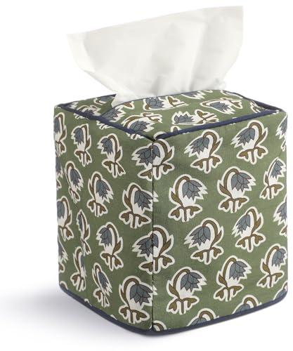 Mimorou Green Fabric Tissue Box Cover - Floral Print Tissue Box & Decorative Square Napkin Holder Handmade Cotton for Home Bedroom Vanity Countertop Night Stands Office