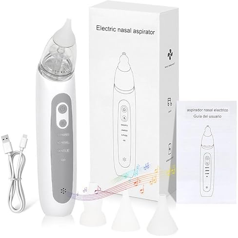 Aspiratore nasale elettrico per bambini, aspiratore nasale per bambini, con 3 punte in silicone e 3 livelli di aspirazione, funzione lenitiva con musica e luce, aspiratore nasale anti-riflusso per
